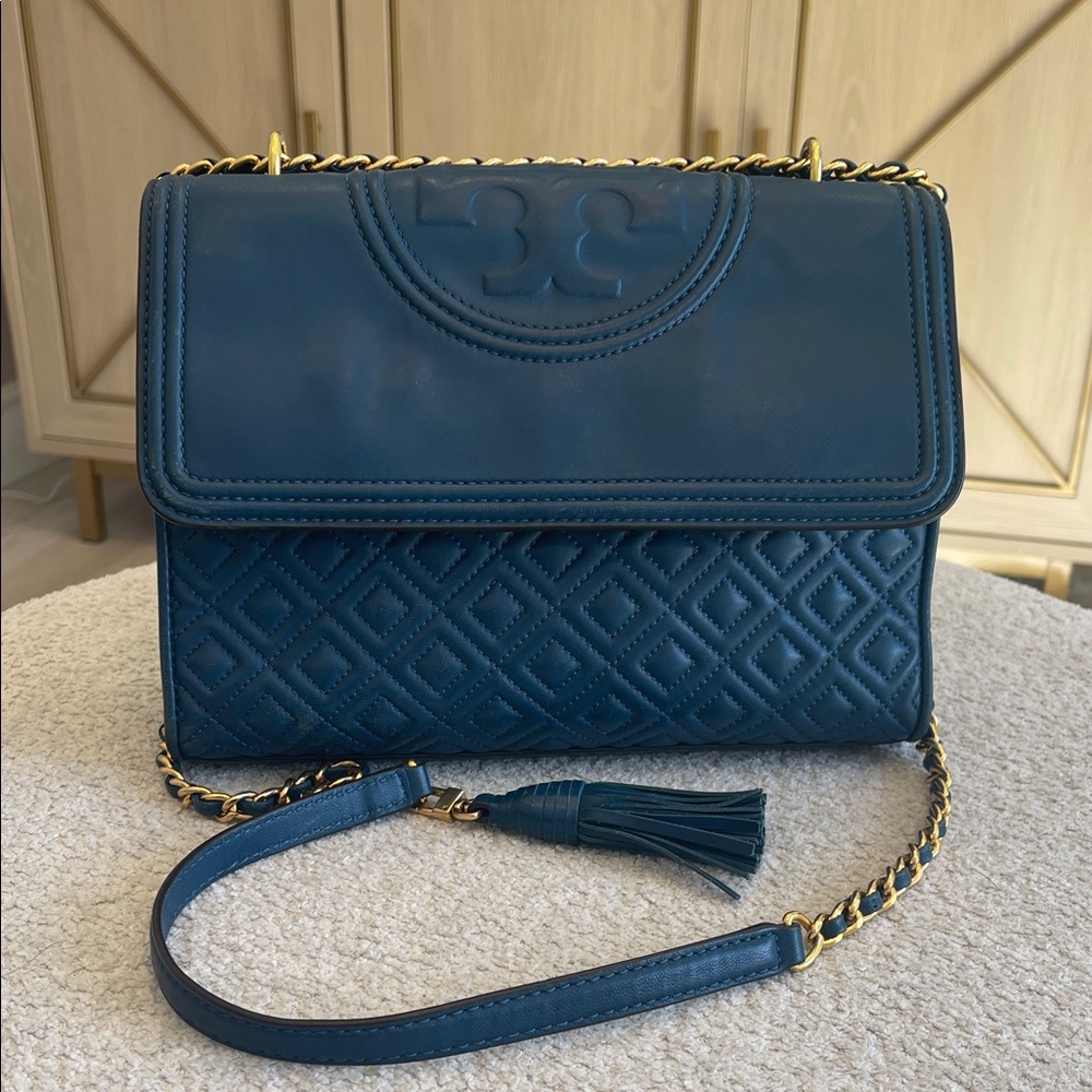 Tory Burch Quilted Leather Crossbody Bag in Deep Teal Blue with Gold Chain